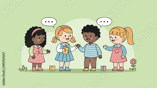 Diverse group of young children talking and interacting.