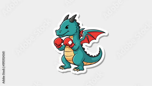 Cartoon dragon wearing boxing gloves ready to fight in the ring.