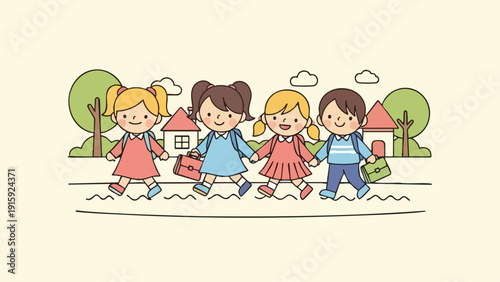 Children Crossing Street - A Colorful Illustration of School Kids on the Crosswalk.