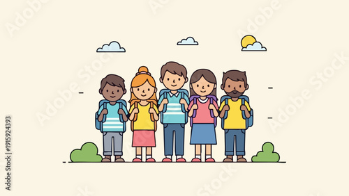 Diverse group of happy school children standing together in a line.