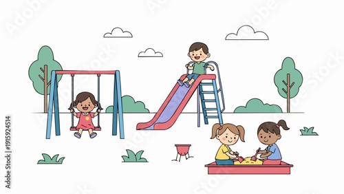 Happy children enjoying various activities at a vibrant outdoor playground.