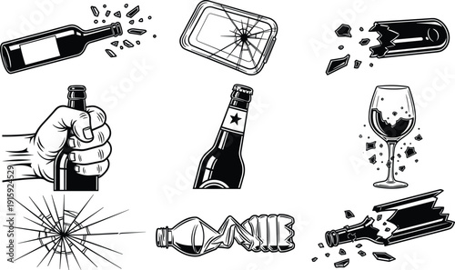 Broken glass bottle and shattered screen silhouettes vector illustration set collection isolated design elements