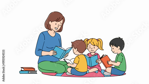 Teacher Reading to Children in a Classroom Setting Illustration.