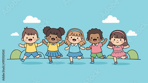 Diverse Group of Children Playing Together in a Cartoon Style Illustration.