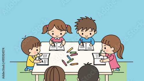 Children Engaged in Collaborative Learning and Creative Activities at a Table.