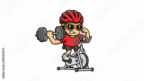 Energetic cartoon person combining cycling and weight training.