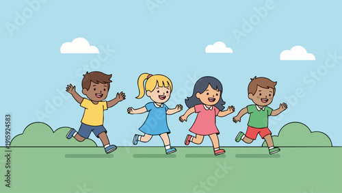 Four diverse children running and playing together in a park on a sunny day.