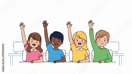 Diverse group of happy children raising hands in a classroom setting.