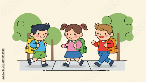 Three happy cartoon children walking to school with backpacks.
