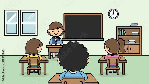 Elementary school teacher instructing young students in a classroom.