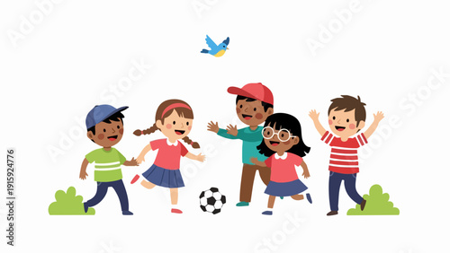 Diverse group of happy children playing soccer outdoors together.