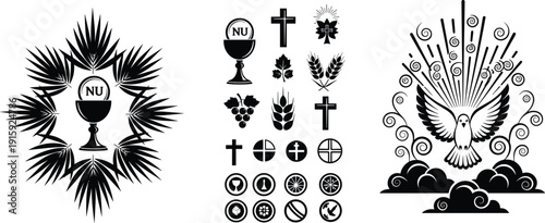 Christian religious symbols set with cross communion chalice dove vector illustration collection design