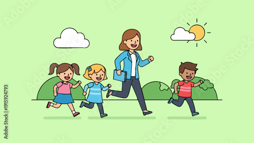 Happy teacher and diverse children running together outdoors.