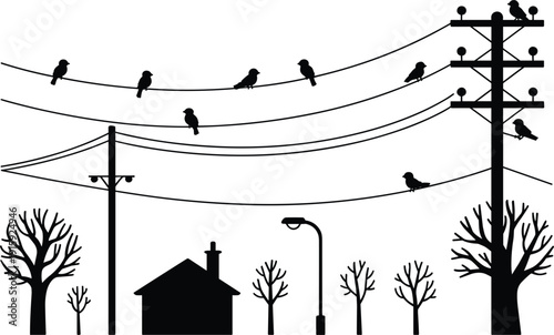 Birds Perched On Silhouette Power Lines With Trees And House illustration