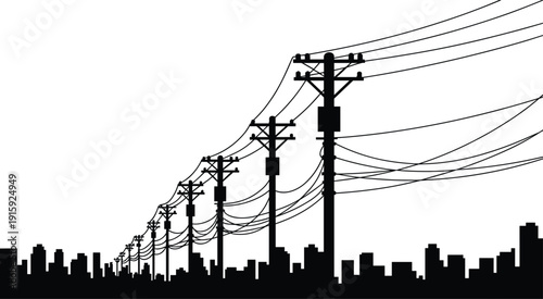 Black silhouette of power lines and city skyline against white background electricity utility poles