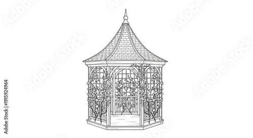 Elegant Victorian Gazebo with Wisteria Vines, Architectural Drawing, Black and White