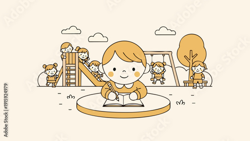 Cute cartoon boy happily reading an open storybook.