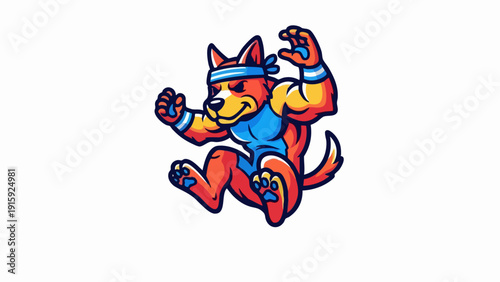 Muscular dog mascot in athletic gear jumping with energy.