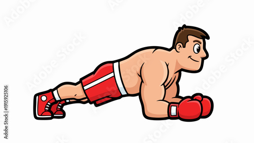 Cartoon Boxer Doing Plank Exercise with Red Boxing Gloves and Shoes.