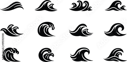 Set of 12 wave silhouettes vector design elements bundle for coastal and oceanic themes