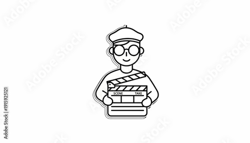 Filmmaker Artist Character with Clapperboard and Beret, Creative Cinema Production Icon
