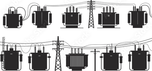 Collection of electrical power transformers and utility poles in silhouette electricity substation
