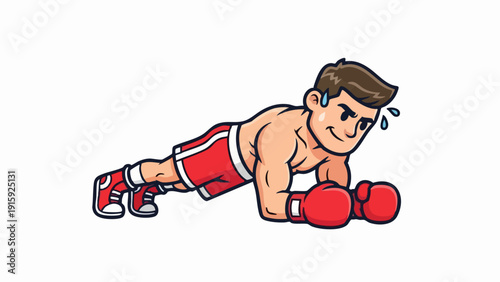 Boxer doing plank exercise with red boxing gloves and shorts.