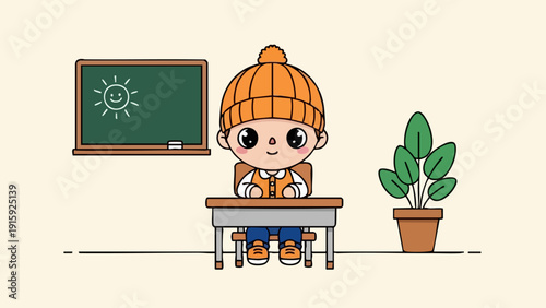 Adorable kawaii chibi boy student sitting at a school desk.