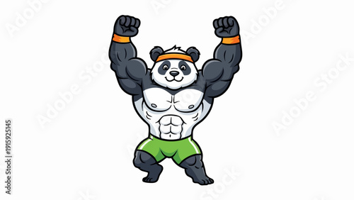 Strong Muscular Panda Cartoon Character Flexing Biceps.