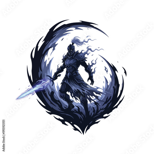 Dark Warrior with Frost Sword in Circular Energetic Burst