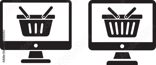 Two computer monitors displaying shopping cart icons representing online shopping high quality professional