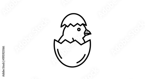 Cute Chick Hatching From Eggshell Icon, Simple Line Art Symbol, New Life Concept