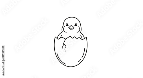 Cute Chick Hatching From Cracked Egg, Black and White Line Art