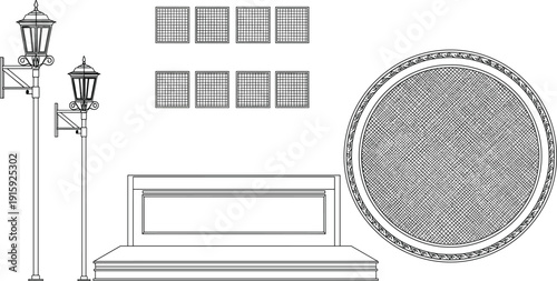 Urban street lamp silhouette, decorative bench vector, architectural grid design, circular pavement element, city infrastructure illustration, black white artwork