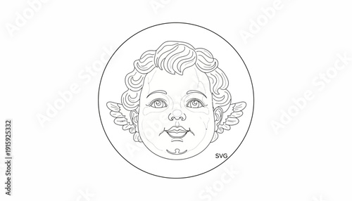 Cherub Angel Baby Face, Vintage Drawing, Circular Design, Cute Infant Portrait