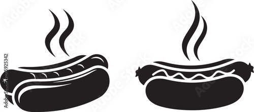 Two black and white illustrations of hot dogs with steam rising from them