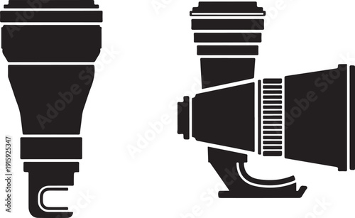 Two stylized black silhouettes of camera lenses one with a tripod mount