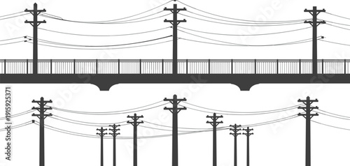Electricity poles and wires above and below a bridge silhouette Keywords: electricity, power lines, pylon, utility pole, bridge