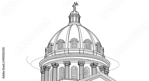 Classical Dome Architecture Sketch with Columns and Statue