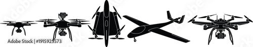 Drone and UAV Silhouette Collection with Quadcopter Hexacopter and Fixed Wing Aircraft Vector Illustration Set