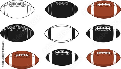 American football ball vector set, rugby ball illustration, sport equipment collection, black silhouette, brown leather, isolated design element