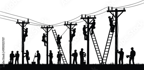 Linemen Working on Utility Poles Forming the Word LIV on White Background illustration