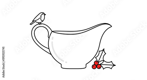 Christmas Robin Bird on Gravy Boat with Holly Berries, Festive Illustration