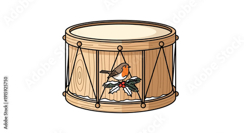 Christmas Robin Drum with Holly Decoration, Festive Wooden Toy Drum