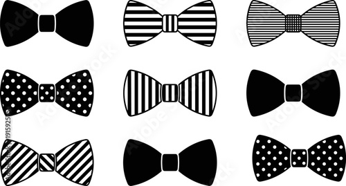 Bow tie silhouette vector set, formal fashion accessory icons, striped, polka dot bowties, isolated black illustration design element