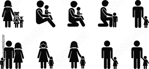 Family and Parent Child Relationship Silhouette Icons Set Showing Care, Love, Protection and Parenting Concepts