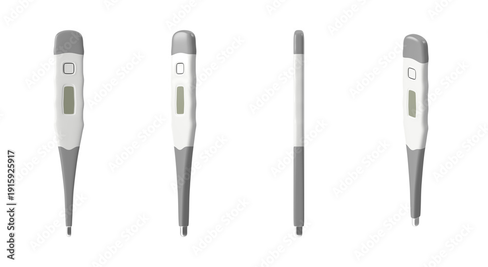 Fototapeta premium Digital thermometer shown from multiple angles on a white background for medical use