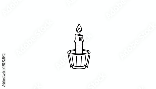 Burning Candle in Vintage Candlestick Holder, Simple Line Art Illustration