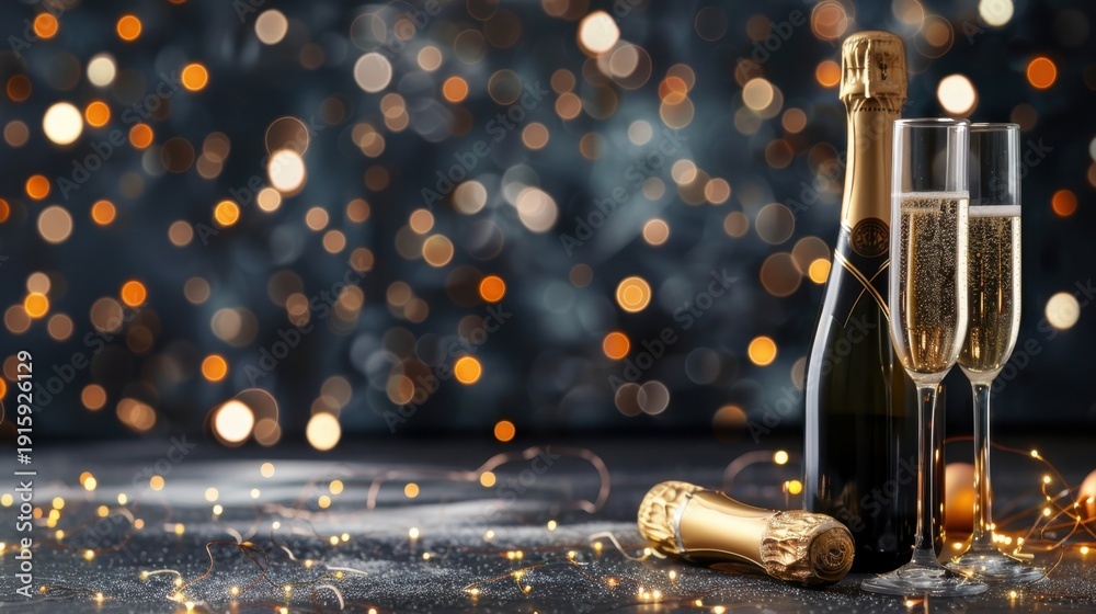 Fototapeta premium Sparkling Champagne Bottles and Flutes Against a Festive Bokeh Background with Bright Lights and Celebration Elements