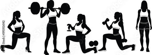 Female Fitness Workout Silhouette Set with Strength Training and Gym Exercises